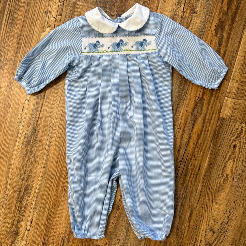 The Bailey Boys Smocked Romper Baby Boys 9M Blue Gingham Elephant Longall Romper